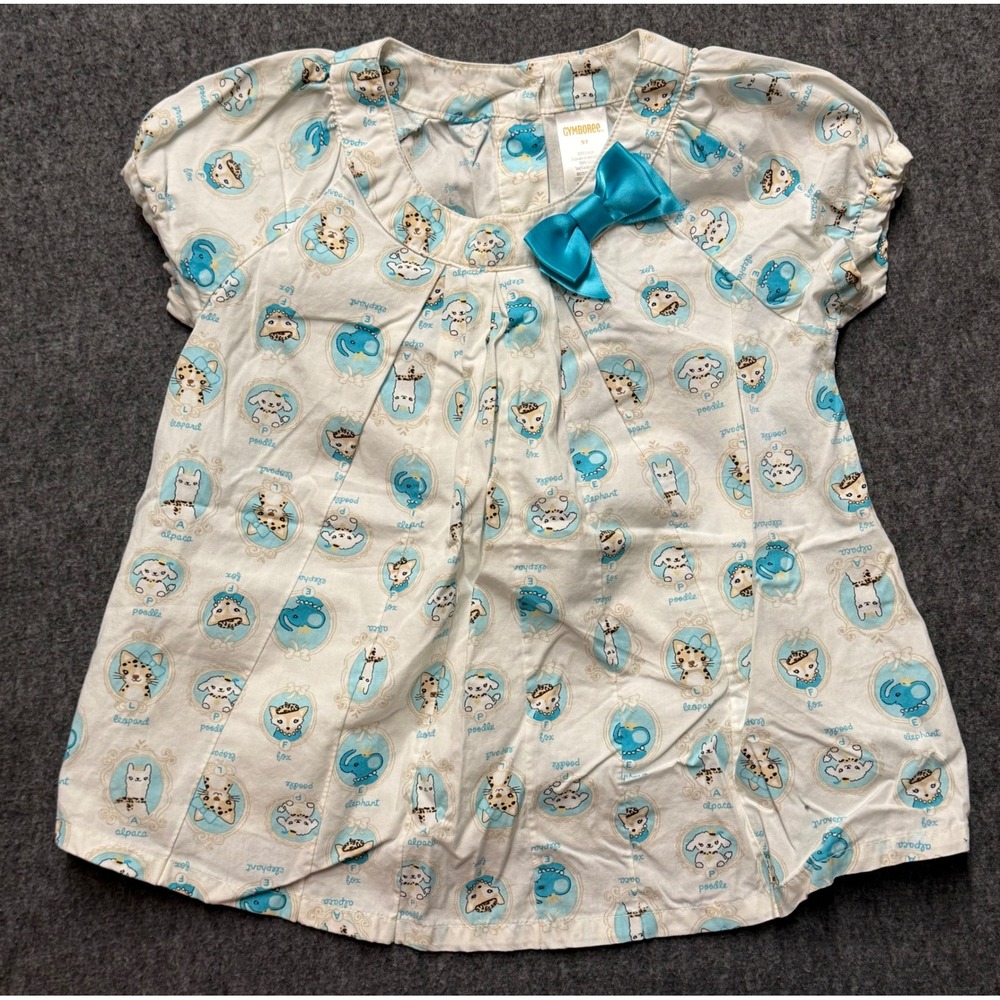 Gymboree 2013 5T Animal Portrait Print Tunic Top White Blue Bow Cotton Pleated